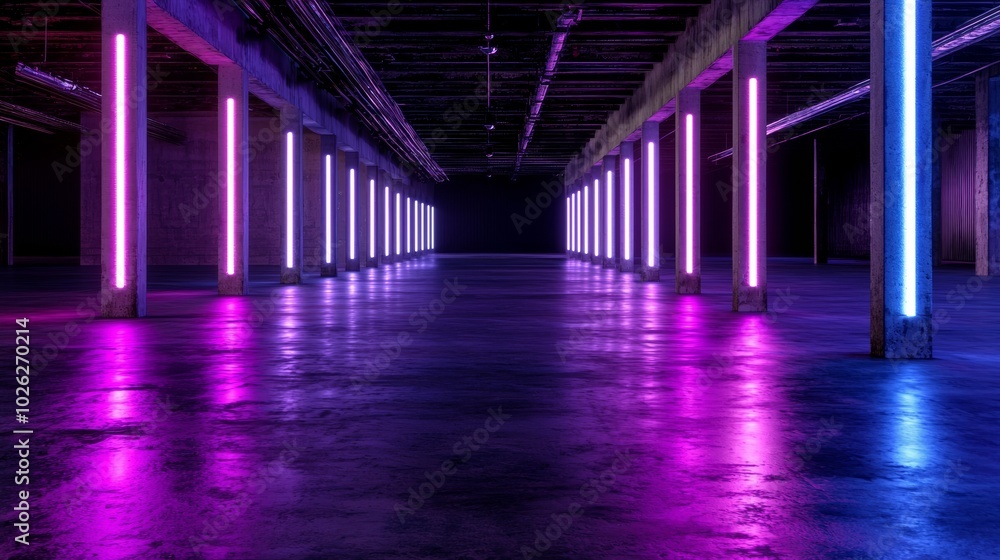An abandoned warehouse with soft neon lights creating a sleek, minimal atmosphere. The soft neon lighting transforms the abandoned warehouse into a cool, minimalistic space. An abandoned warehouse with soft neon lights creating a sleek, minimal atmosphere. The soft neon lighting transforms the abandoned warehouse into a cool, minimalistic space.