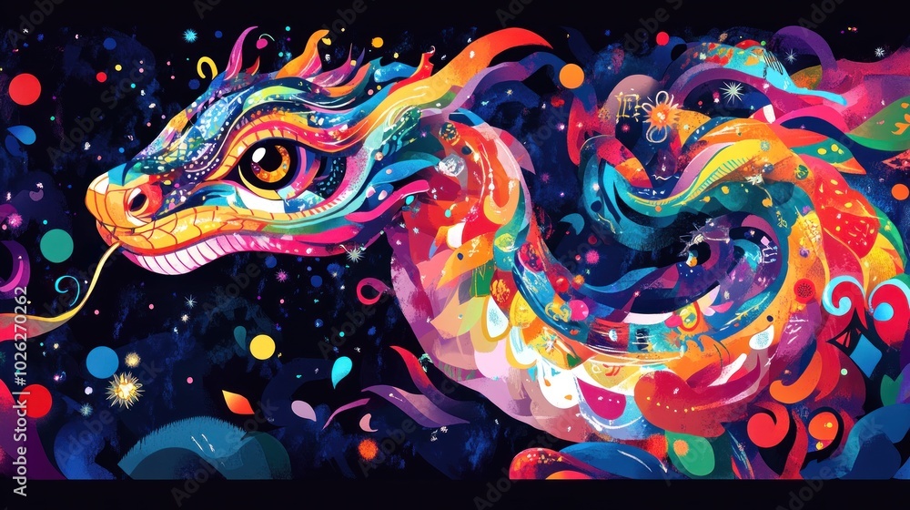 A colorful and abstract illustration of a dragon on a dark background. A colorful and abstract illustration of a dragon on a dark background.