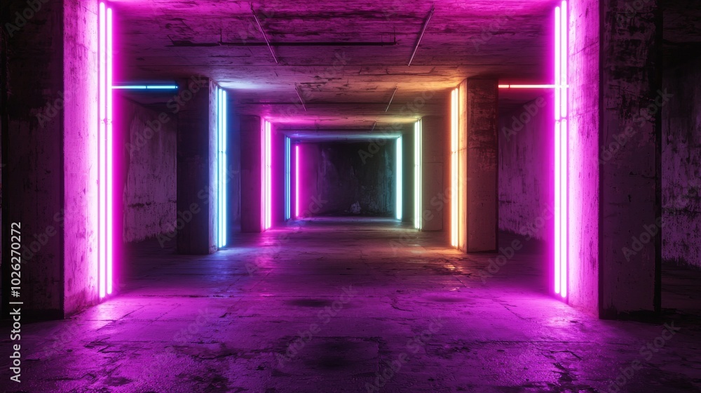 An abandoned warehouse with soft neon lights creating a sleek, minimal atmosphere. The soft neon lighting transforms the abandoned warehouse into a cool, minimalistic space. An abandoned warehouse with soft neon lights creating a sleek, minimal atmosphere. The soft neon lighting transforms the abandoned warehouse into a cool, minimalistic space.