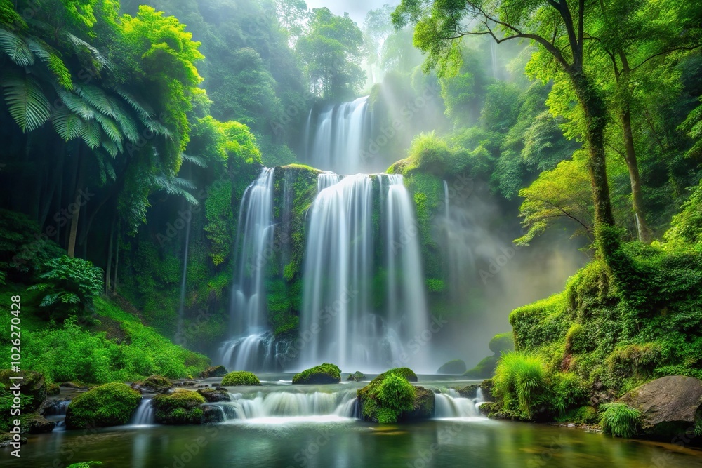 Mist at waterfall and green forest reflection Mist at waterfall and green forest reflection