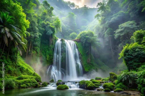 Mist at waterfall and lush green forest reflecting abundance of nature