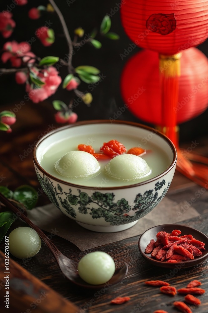 Delicious sweet dumplings in a traditional bowl, garnished with goji berries and mint Delicious sweet dumplings in a traditional bowl, garnished with goji berries and mint