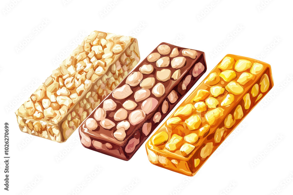 Three colorful granola bars with nuts displayed on a transparent background. showcasing a healthy and tasty snack option for all ages. Three colorful granola bars with nuts displayed on a transparent background. showcasing a healthy and tasty snack option for all ages.
