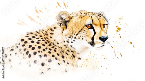 Cheetah portrait in watercolor style, emphasizing its sleek form and spotted coat, with soft brushstrokes capturing the grace and agility of the animal. A harmonious blend of nature and art. photo