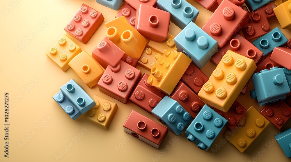 Colorful 3D Building Blocks on Yellow Background Colorful 3D Building Blocks on Yellow Background