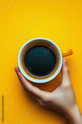 Enjoying a warm cup of coffee against a vibrant yellow background in cozy sur...