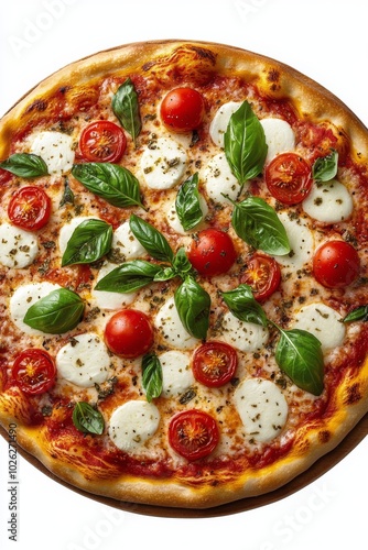 Delicious homemade pizza topped with fresh basil and cherry tomatoes on a cle...