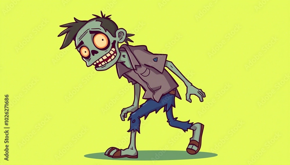 Cheerful Cartoon Zombie Character on a Bright Green Background Cheerful Cartoon Zombie Character on a Bright Green Background