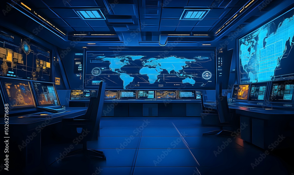 Futuristic Control Room with Large Digital Screens Futuristic Control Room with Large Digital Screens
