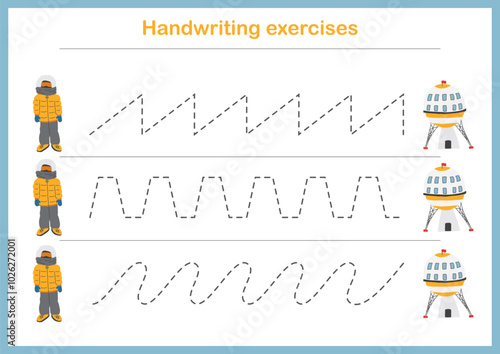 Basic writing exercises. Trace line worksheets for children. Preschool handwriting practice. Vector illustration. A4 - ready to print format