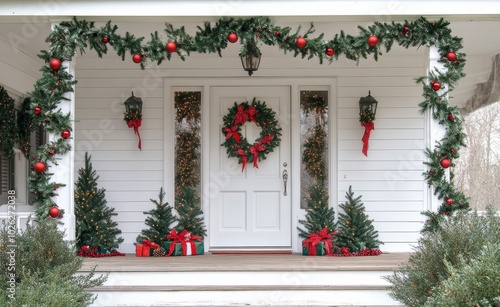 Beautifully decorated front porch with festive wreaths, poinsettias, and holi...