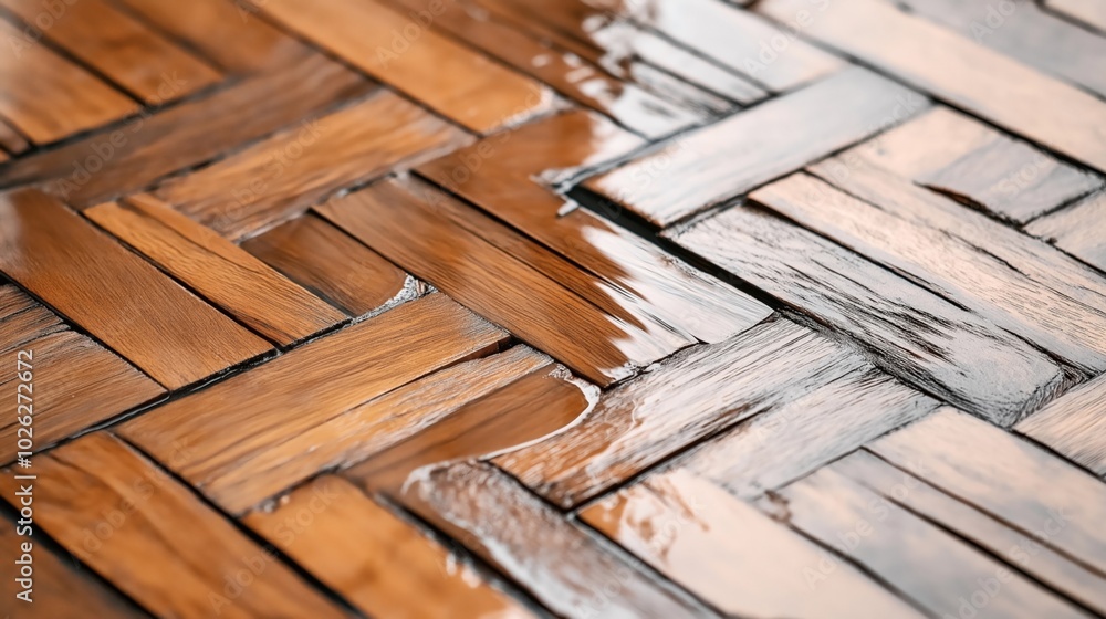 Φωτογραφία Close-up of a wooden parquet floor with some pieces being varnished showing a glossy finish and a brown color