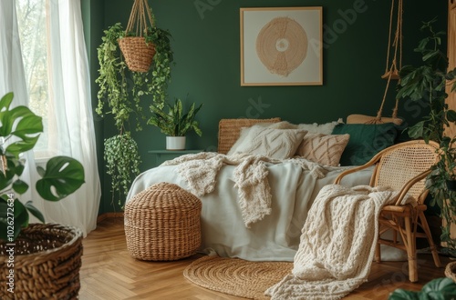 Cozy green bedroom with natural decor and plants in a serene indoor setting