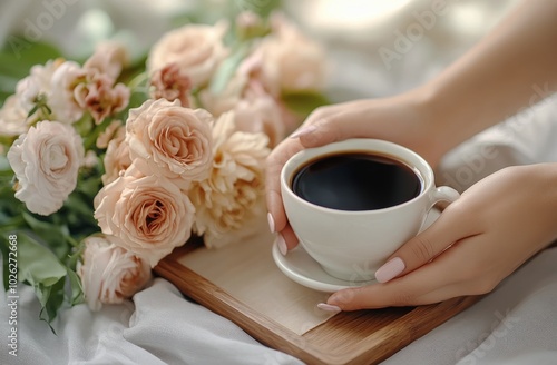 A cozy morning with coffee and fresh flowers on a wooden tray