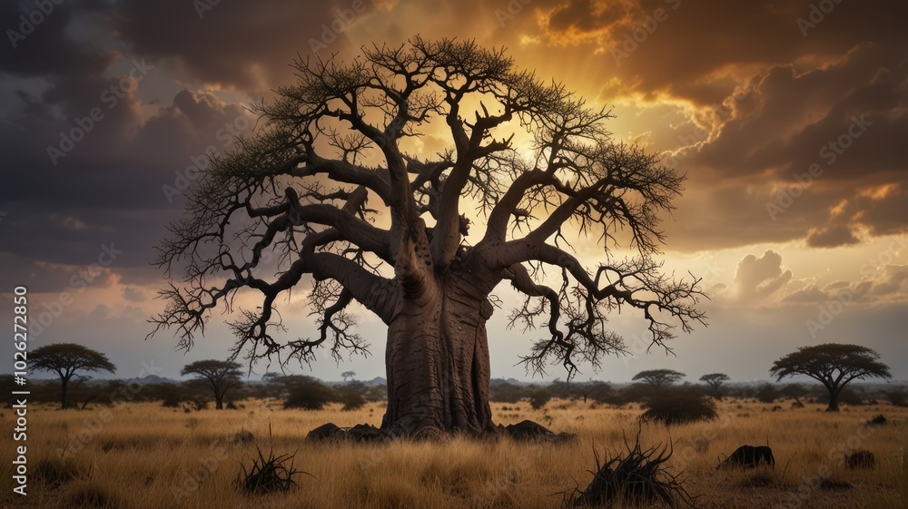 A majestic baobab tree stands tall against a dramatic sunset sky in the African savanna. (1) A majestic baobab tree stands tall against a dramatic sunset sky in the African savanna. (1)