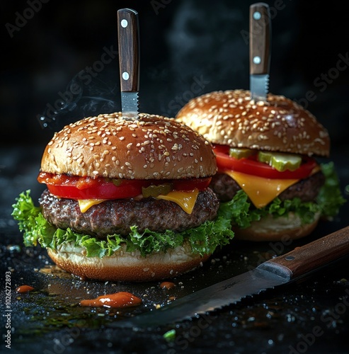 Tasty burgers with sesame buns on a rustic green table in a lively setting