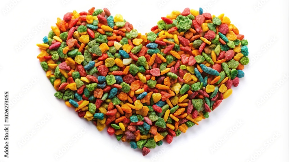 Colorful heart shaped fish food flakes on white background fisheye Colorful heart shaped fish food flakes on white background fisheye