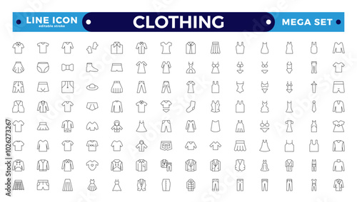 Clothes outline icons set. Sweatshirt, hoody, pullover, bath suit, jacket, evening dress, cardigan, trousers visualization vector illustration. Editable stroke outline icon.