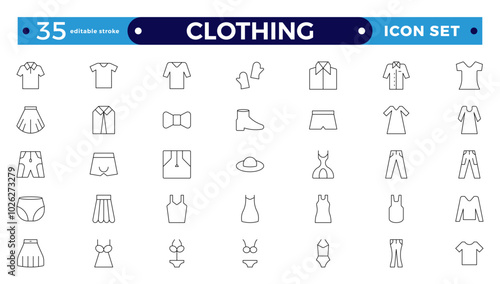 Clothes outline icons set. Sweatshirt, hoody, pullover, bath suit, jacket, evening dress, cardigan, trousers visualization vector illustration. Editable stroke outline icon.