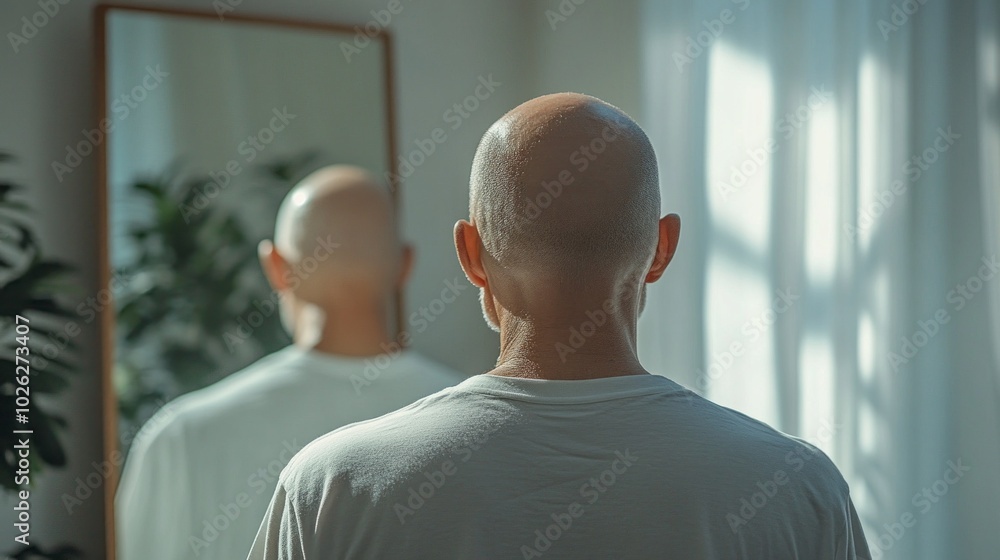 A bald man stands in front of a mirror, looking at his reflection A bald man stands in front of a mirror, looking at his reflection