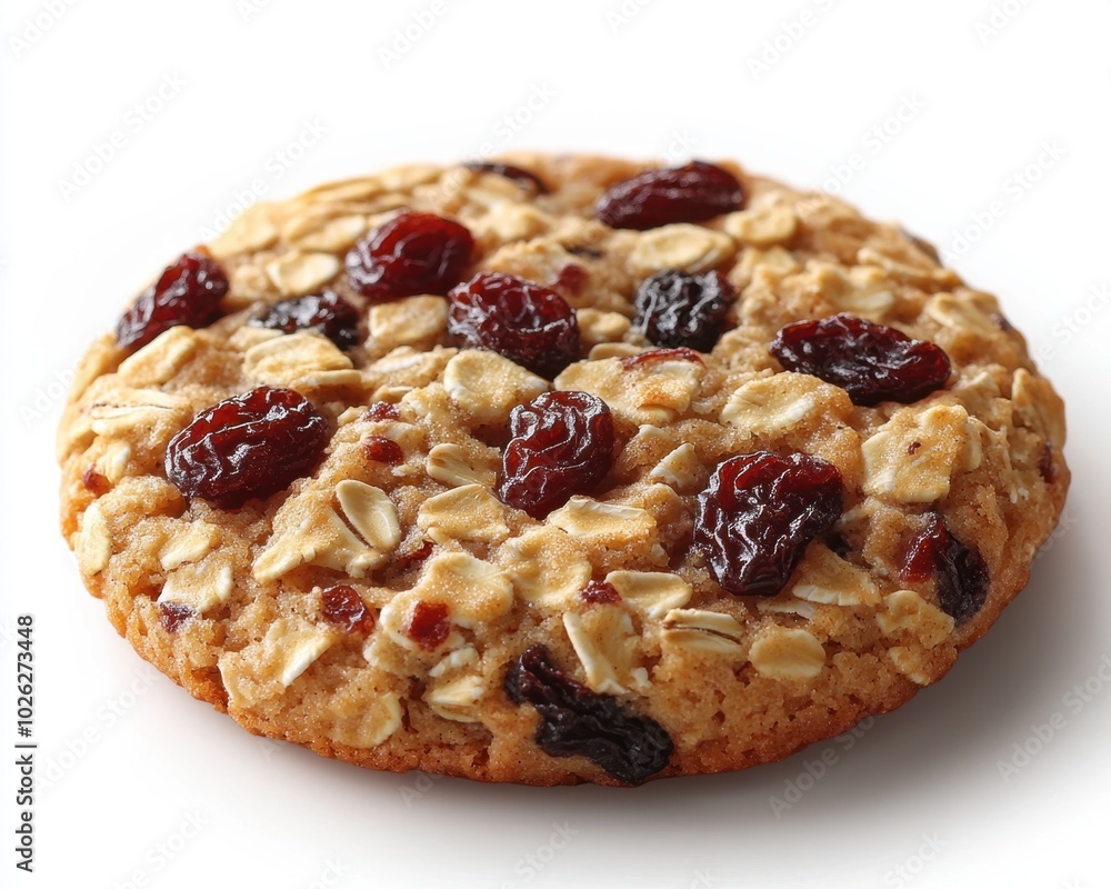 A single oatmeal cookie with visible oats and raisins, isolated on white background A single oatmeal cookie with visible oats and raisins, isolated on white background