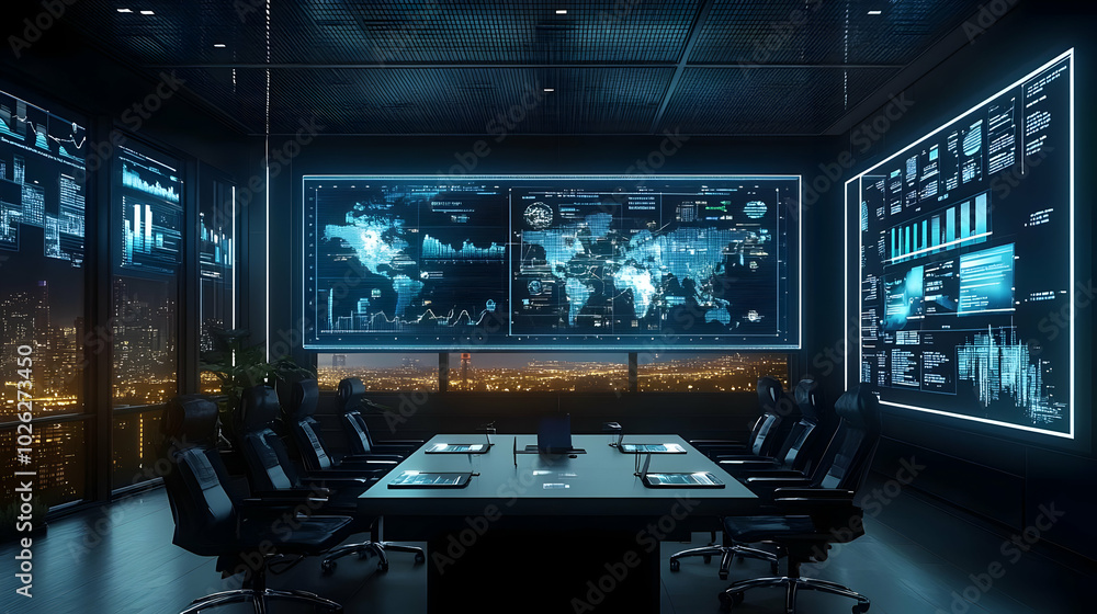 Futuristic Meeting Room with Holographic Displays Futuristic Meeting Room with Holographic Displays