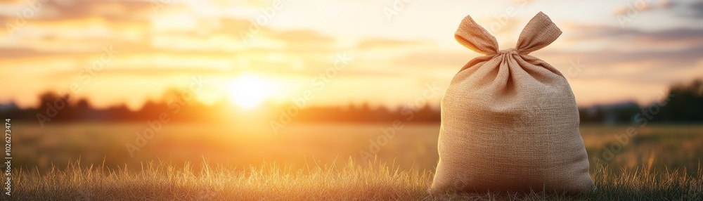 Sack on field at sunrise, nature's beauty and tranquility captured in warm light. Sack on field at sunrise, nature's beauty and tranquility captured in warm light.