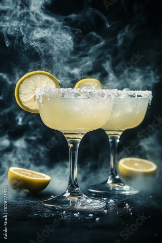 Refreshing margaritas served with lime wedges and a touch of salt under drama...
