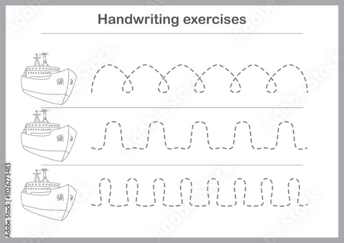Basic writing exercises. Trace line worksheets for children. Preschool handwriting practice. Vector illustration. A4 - ready to print format