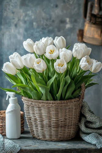 Elegant white tulips in a woven basket on a rustic table with cleaning suppli...