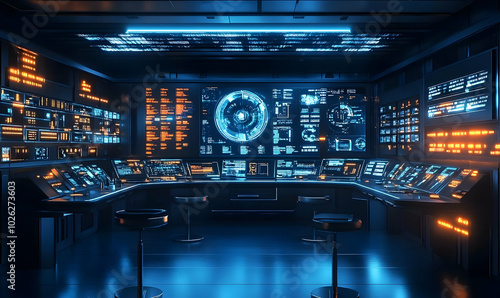 High-Tech Futuristic Control Room with Holographic Displays