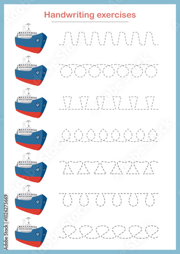 Basic writing exercises. Trace line worksheets for children. Preschool handwriting practice. Vector illustration. A4 - ready to print format