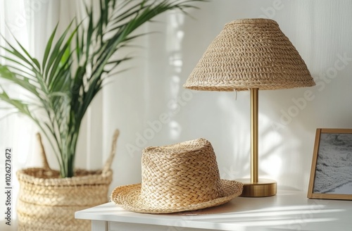 Stylish straw hat and lamp on a table next to a potted plant in a bright room photo