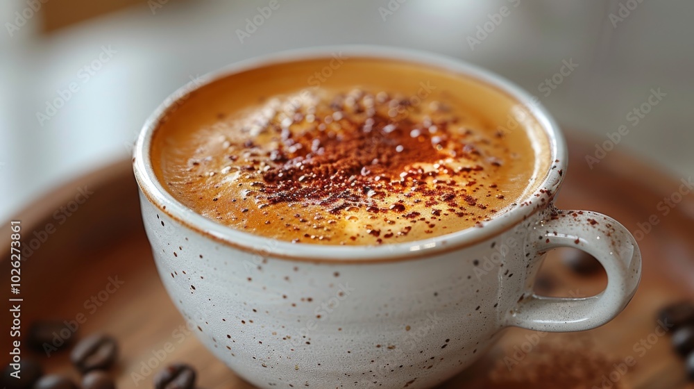 Close-up of a cappuccino with frothy milk and cocoa powder in a speckled ceramic mug. Close-up of a cappuccino with frothy milk and cocoa powder in a speckled ceramic mug.