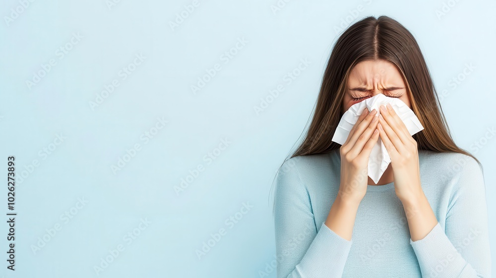 Sneezing woman holding tissues with a red nose, suffering from a pollen allergy Sneezing woman holding tissues with a red nose, suffering from a pollen allergy