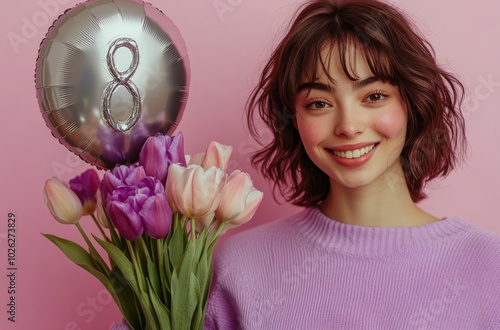 Young woman celebrates special occasion with flowers and a balloon in front o...