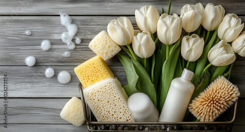 A cozy bathroom setup featuring flowers, sponges, and toiletries on a rustic ...
