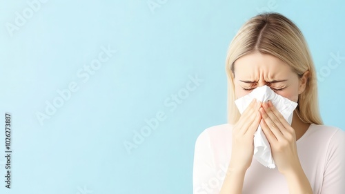 Sneezing woman holding tissues with a red nose, suffering from a pollen allergy photo