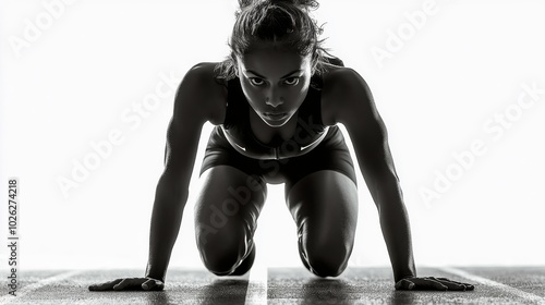 Athlete in starting position, preparing for a sprint on a track with intense ...