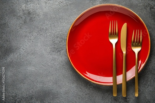 Elegant red plate with gold cutlery set against a textured gray background