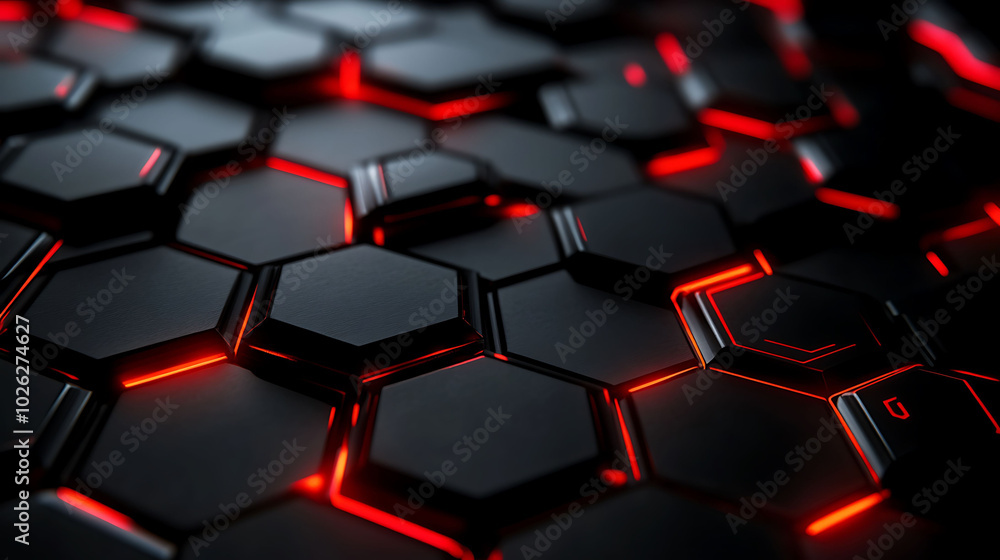 Abstract black hexagonal pattern with red glowing lines. Abstract black hexagonal pattern with red glowing lines.