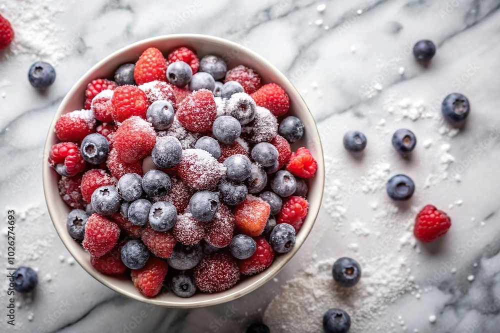 Mixed berries with powdered sugar on marble counter, high angle Mixed berries with powdered sugar on marble counter, high angle
