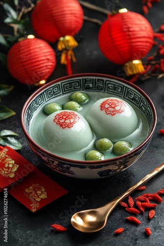 Delicious sweet dumplings in a traditional bowl, garnished with goji berries ...
