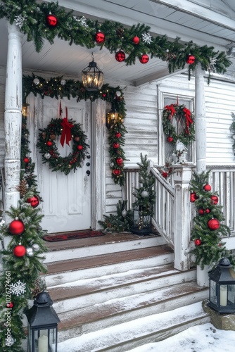 Festively decorated front porch with holiday wreaths and ornaments during win...