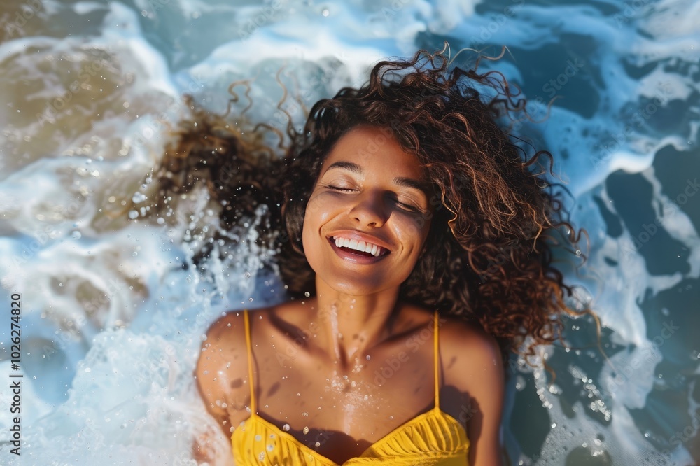 Obraz premium Smiling Woman Embracing Freedom: A Colourful Summer Portrait by the Ocean