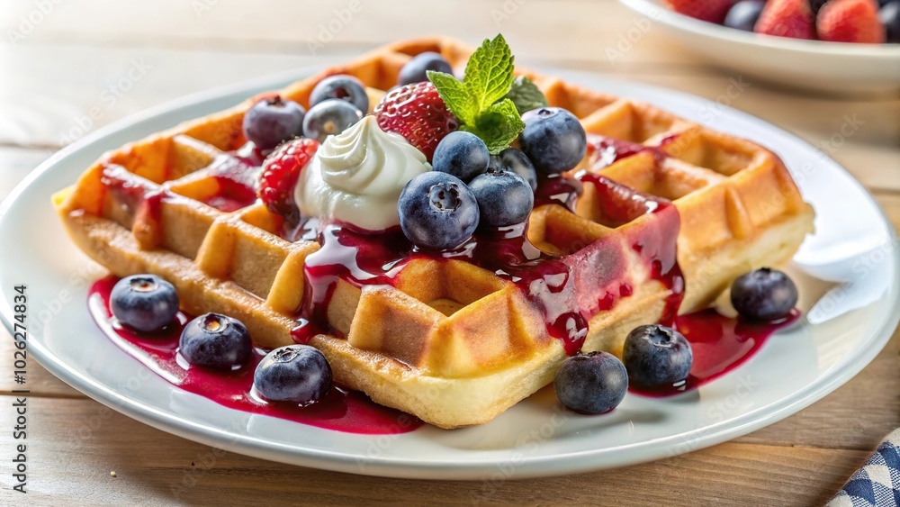 Mixed berry waffle with vanilla cream and blueberry syrup on white plate Mixed berry waffle with vanilla cream and blueberry syrup on white plate