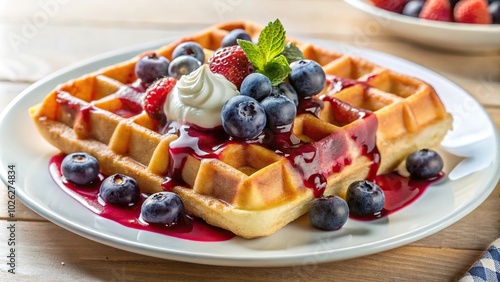 Mixed berry waffle with vanilla cream and blueberry syrup on white plate