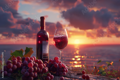 Glasses of fresh red wine with grapes, cheeses, bottle and barrel on a sunset background in Toscane. Italy vineyard and agritourism. Wine shop or wine tasting concept with copy space AI photo