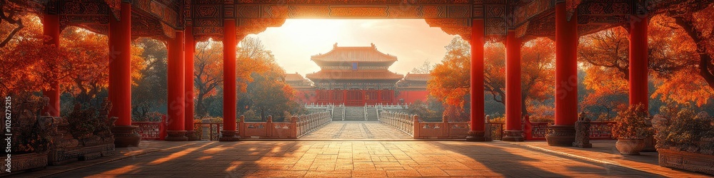 Fototapeta premium Majestic view of a traditional Chinese palace framed by vibrant autumn foliage at sunset.