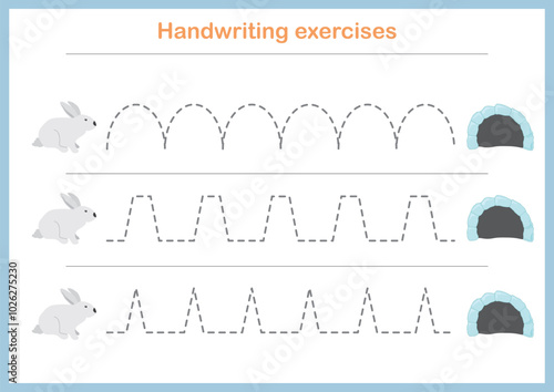 Basic writing exercises. Trace line worksheets for children. Preschool handwriting practice. Vector illustration. A4 - ready to print format